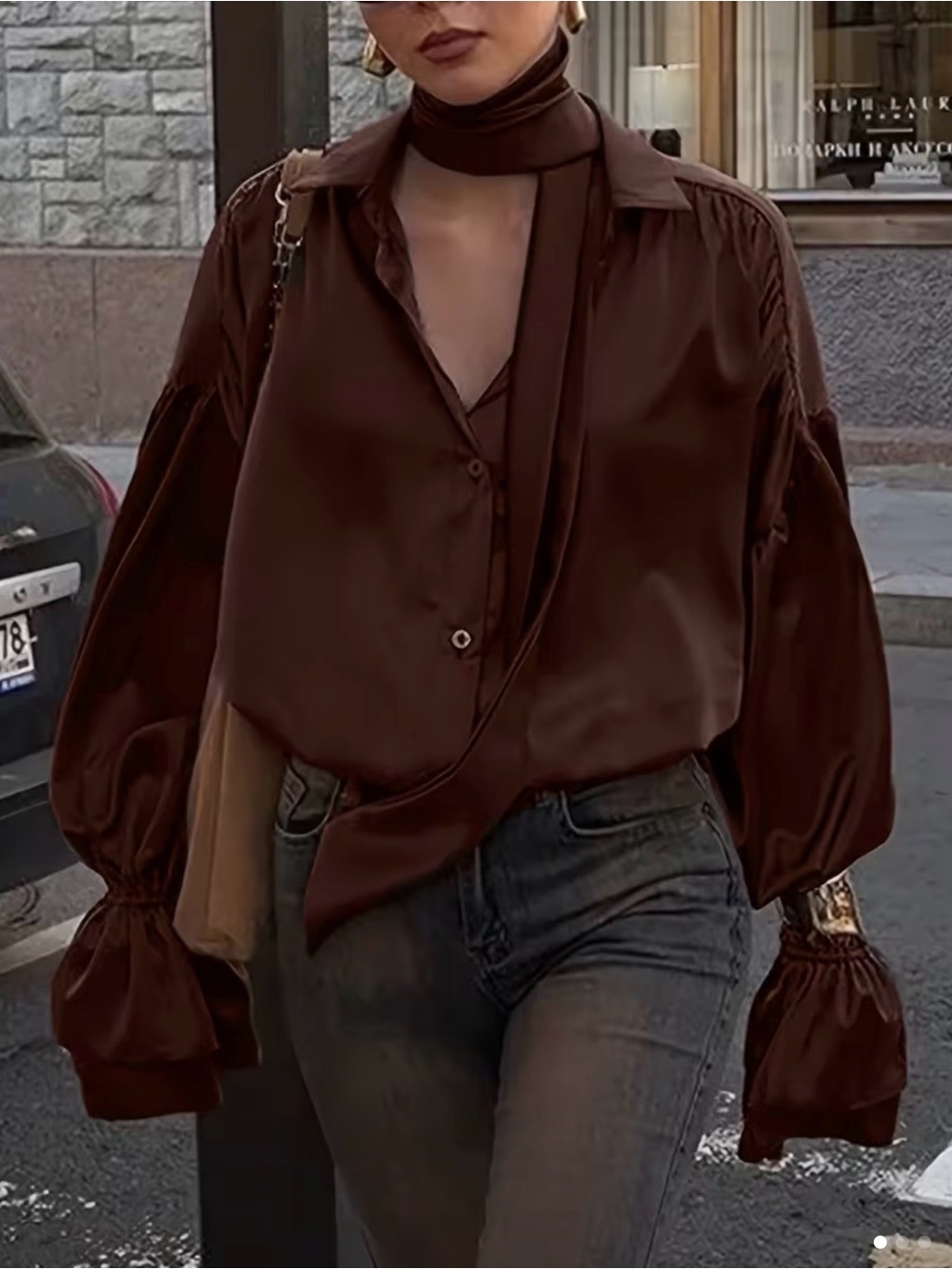 Satin Balloon-Sleeve Blouse in Deep Brown